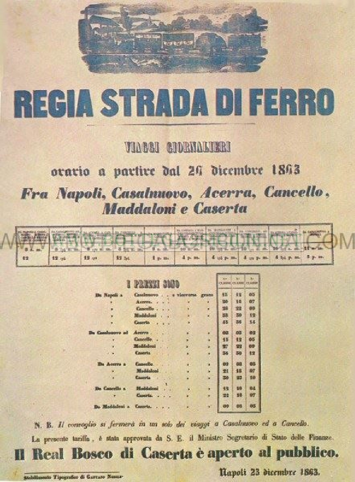 POSTER STAMPA ORARIO REGIA STRADA DI FERRO 1843 NAPOLI ACERRA CANCELLO MADDALONI CASERTA - immagine 2