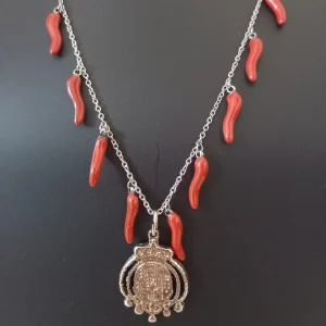 Collana donna 9 curnicielli napoletani e stemma Regno delle due Sicilie in Nichel