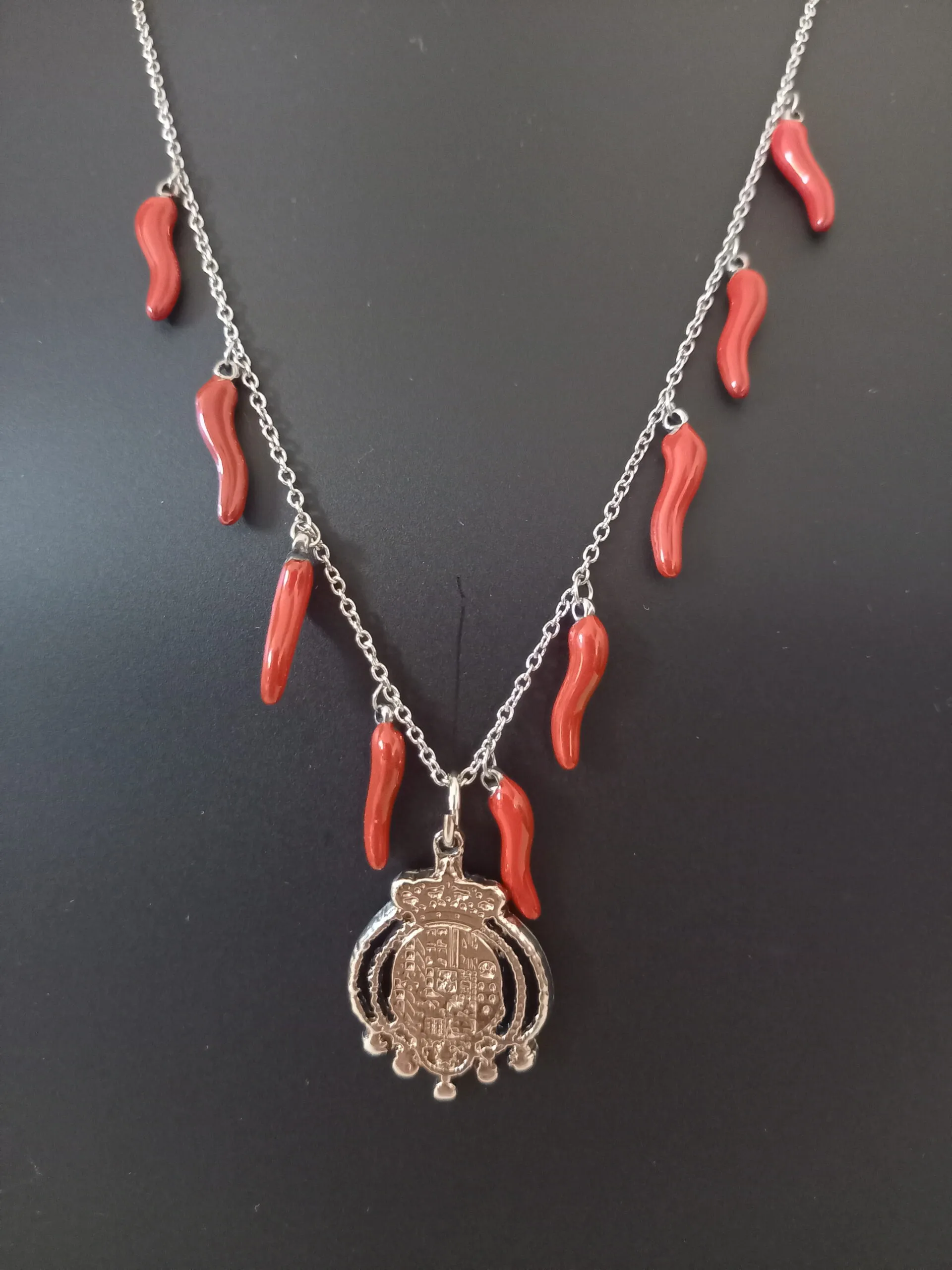 Collana donna 9 curnicielli napoletani e stemma Regno delle due Sicilie in Nichel