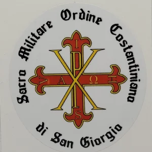 COPPIA ADESIVI TONDI SACRO MILITARE ORDINE COSTANTINIANO CON SCRITTA 7X8 CM SFONDO BIANCO ADESIVO