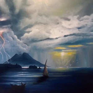 Quadro “Tempesta sul Golfo di Napoli” – 50×70 cm Olio su Tela (Spedizione Gratuita) Pezzo Unico