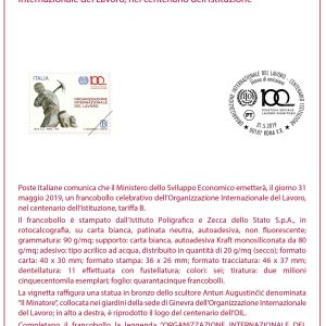 BOLLETTINO ILLUSTRATIVO ITALIA 2019 nuovo ” ORGANIZZAZIONE INTERNAZIONALE LAVORO ” €5,00